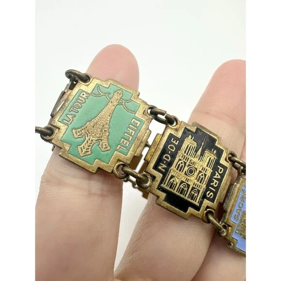 Vintage Paris France Souvenir Monument Enamel Bracelet 7.25" - Picture 3 of 5